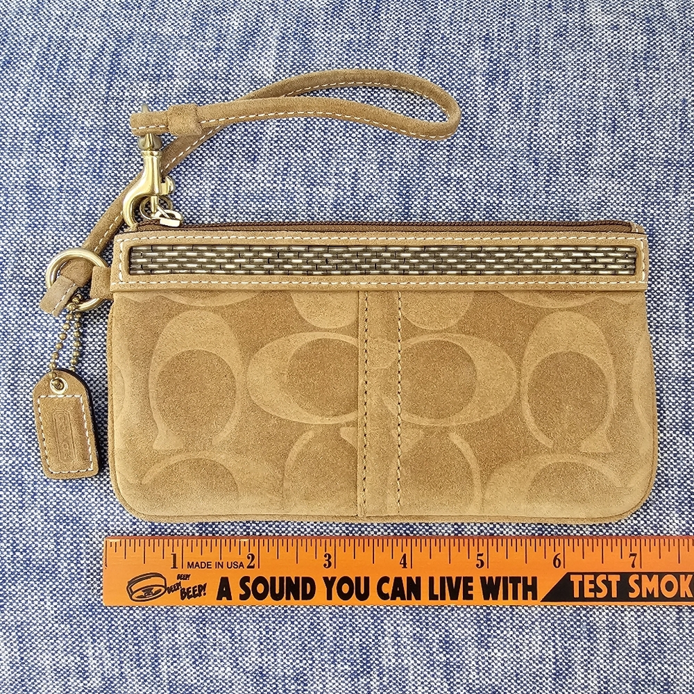 Coach tan suede leather signature C wristlet purse